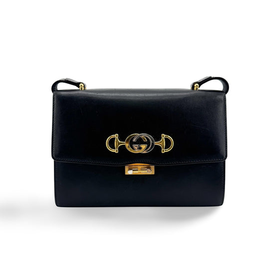 Gucci Vintage Horsebit Interlocking G Leather Crossbody Bag Black