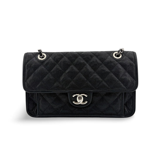 Chanel CC Day Caviar Flap Bag Black Silver Hardware