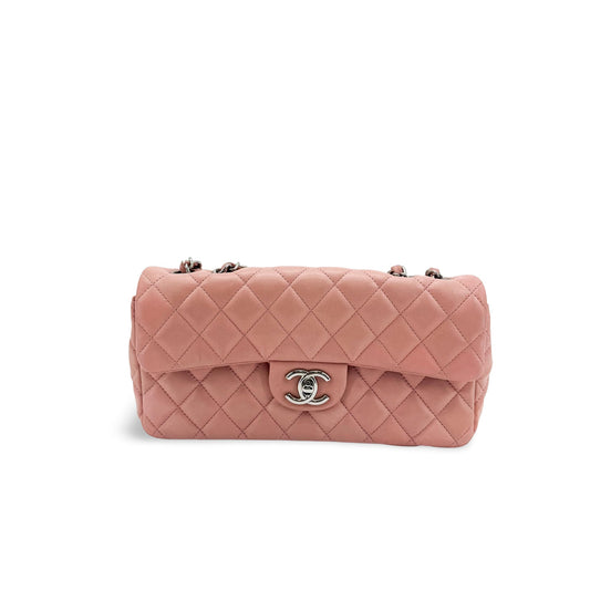 Chanel Classic East West Flap Bag Lambskin Silver Hardware Pink