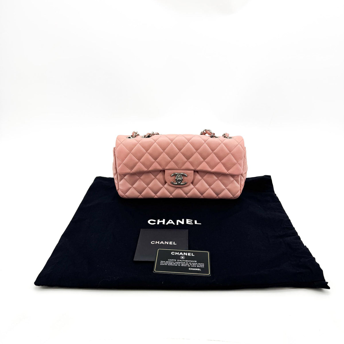 Chanel Classic East West Flap Bag Lambskin Silver Hardware Pink