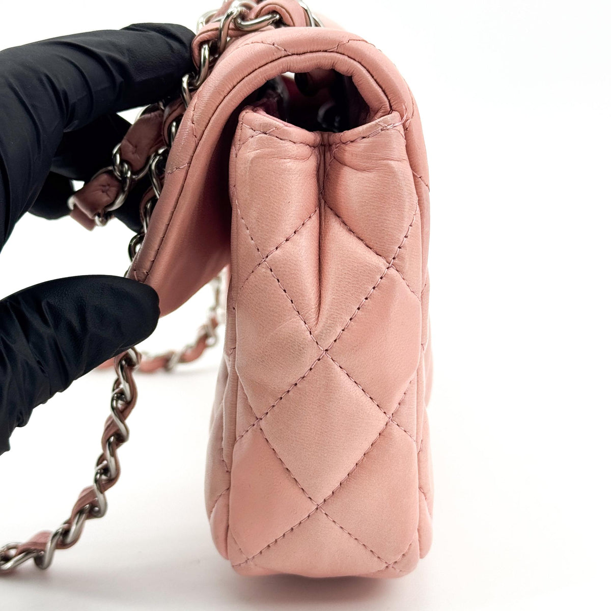 Chanel Classic East West Flap Bag Lambskin Silver Hardware Pink