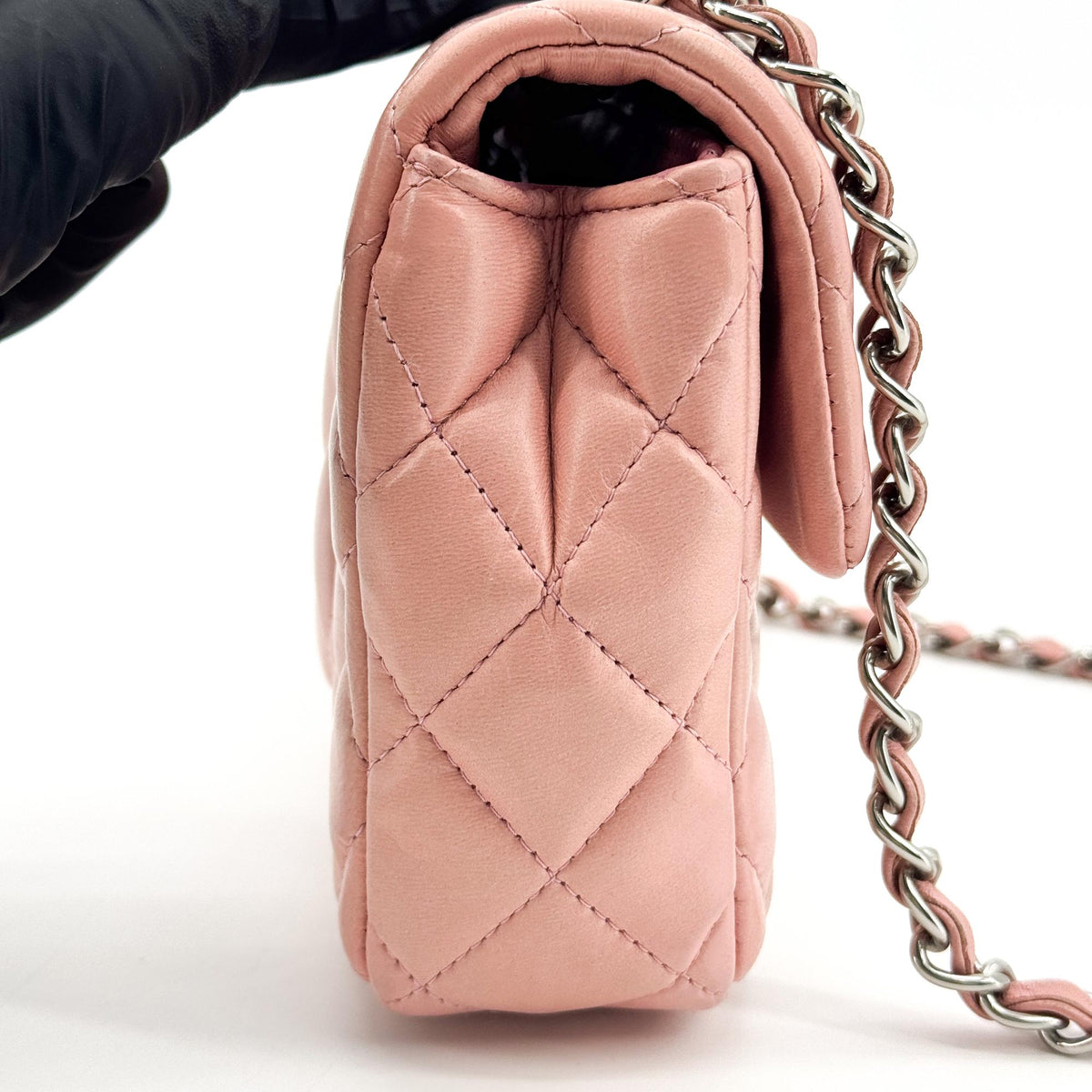 Chanel Classic East West Flap Bag Lambskin Silver Hardware Pink