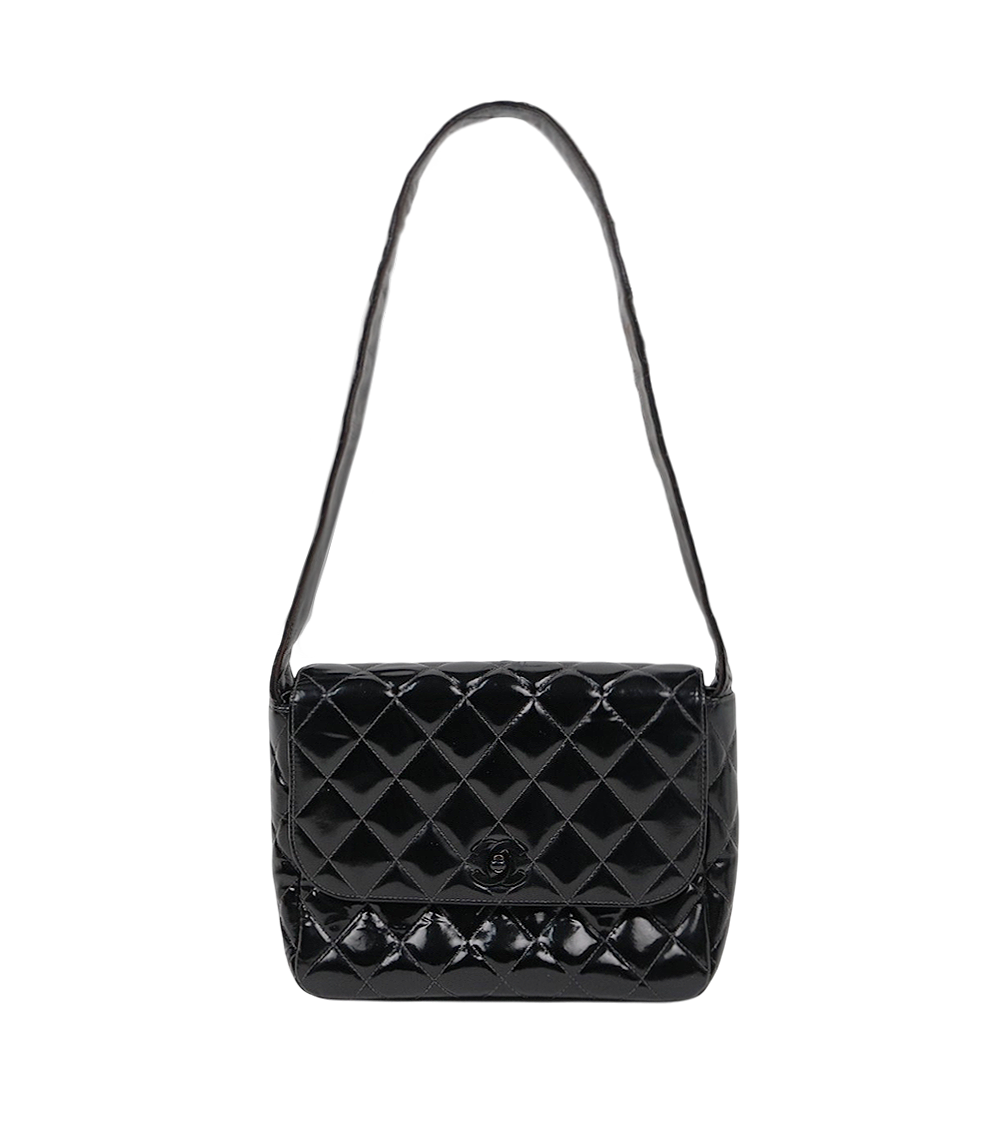 Chanel Saw Black Patent Quilted CC Flap Shoulder Bag