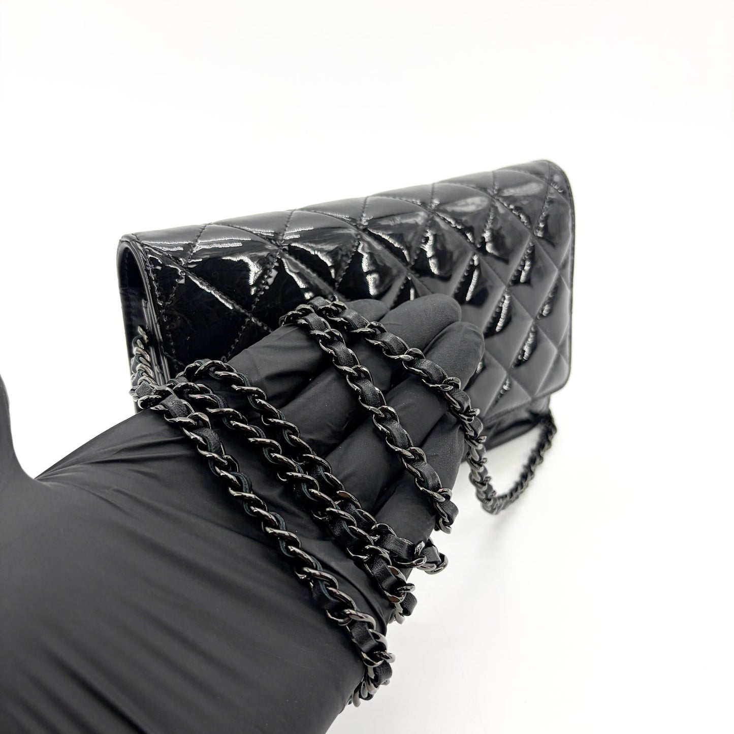 Chanel Quilted Patent Wallet on Chain So Black