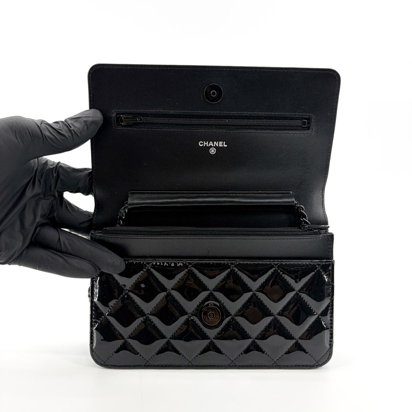Chanel Quilted Patent Wallet on Chain So Black