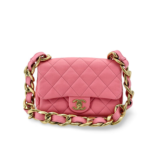 Chanel Pink Quilted Funky Chain Small Flap Bag Gold Metal Internal Chip
