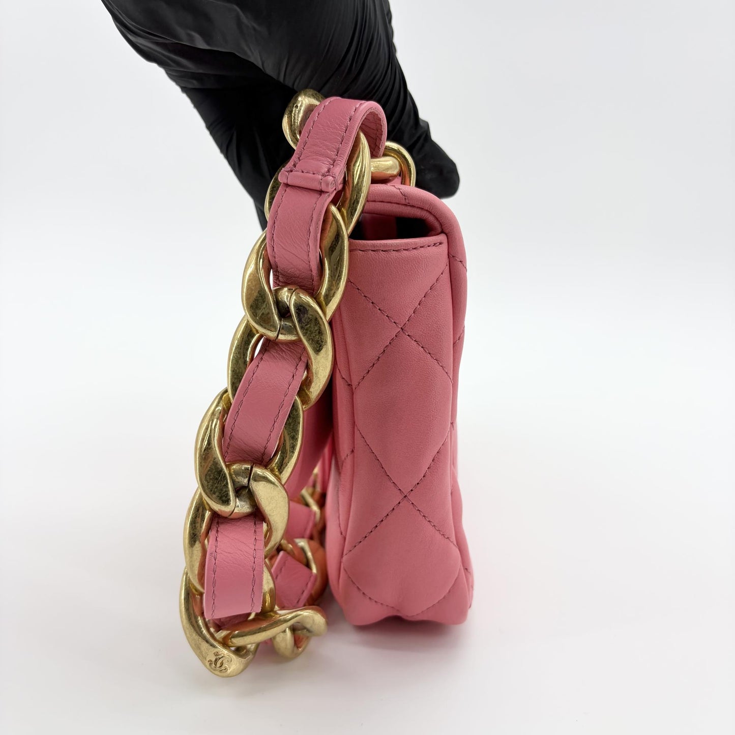 Chanel Pink Quilted Funky Chain Small Flap Bag Gold Metal Internal Chip