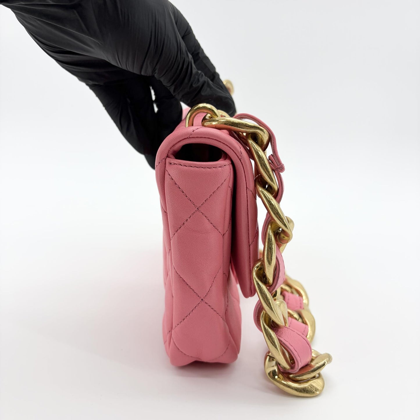 Chanel Pink Quilted Funky Chain Small Flap Bag Gold Metal Internal Chip