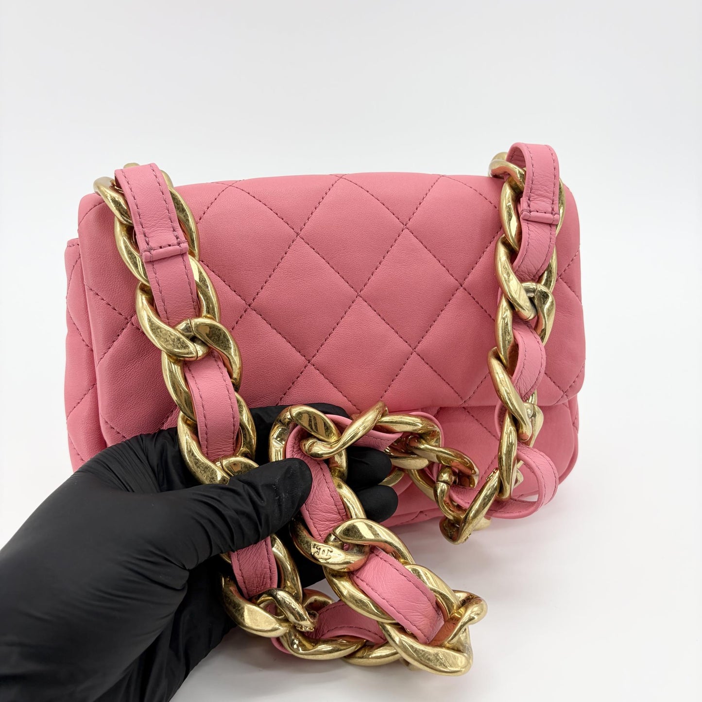 Chanel Pink Quilted Funky Chain Small Flap Bag Gold Metal Internal Chip