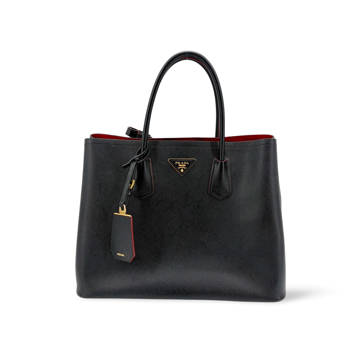 Prada Saffiano Cuir Medium Double Bag Black Red
