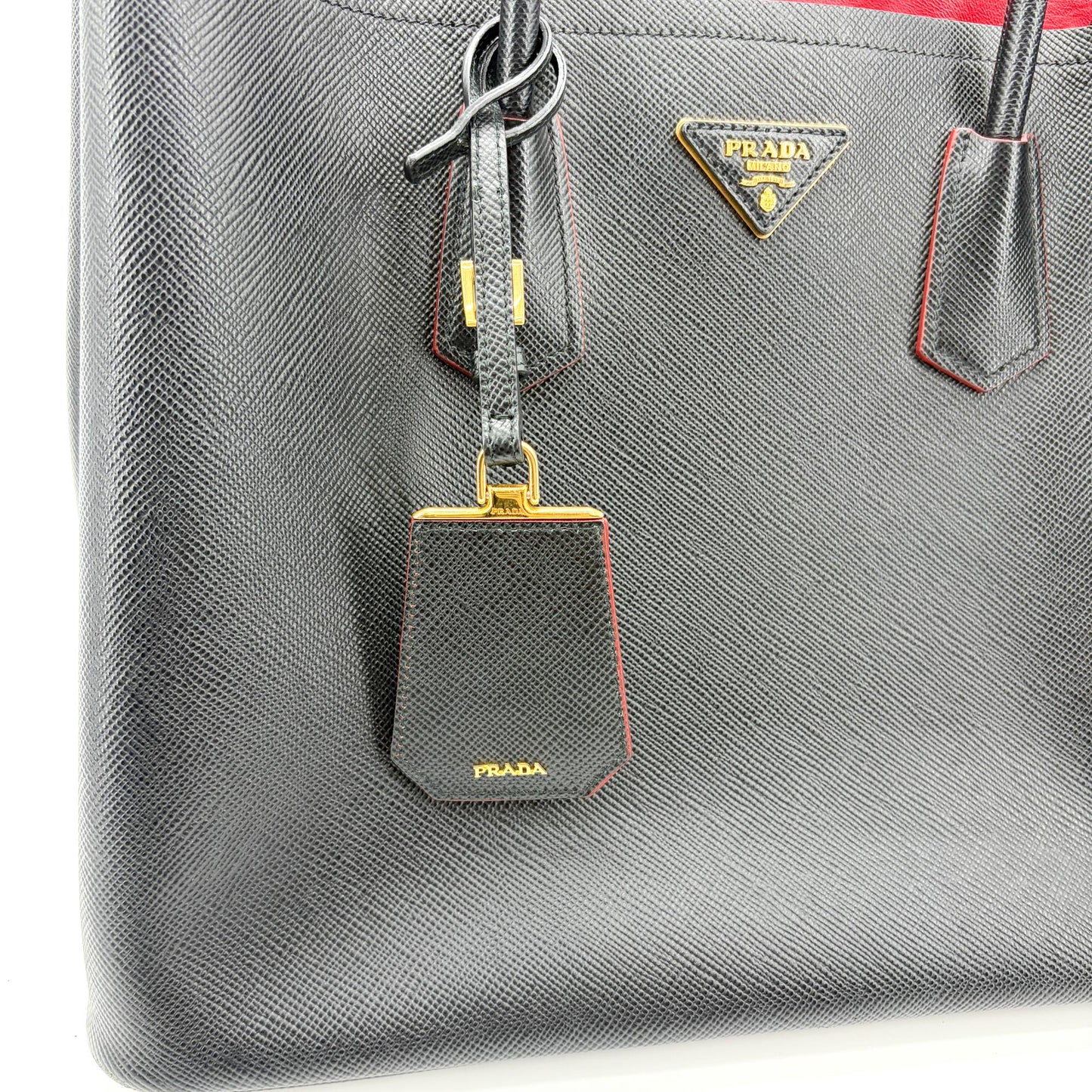 Prada Saffiano Cuir Medium Double Bag Black Red