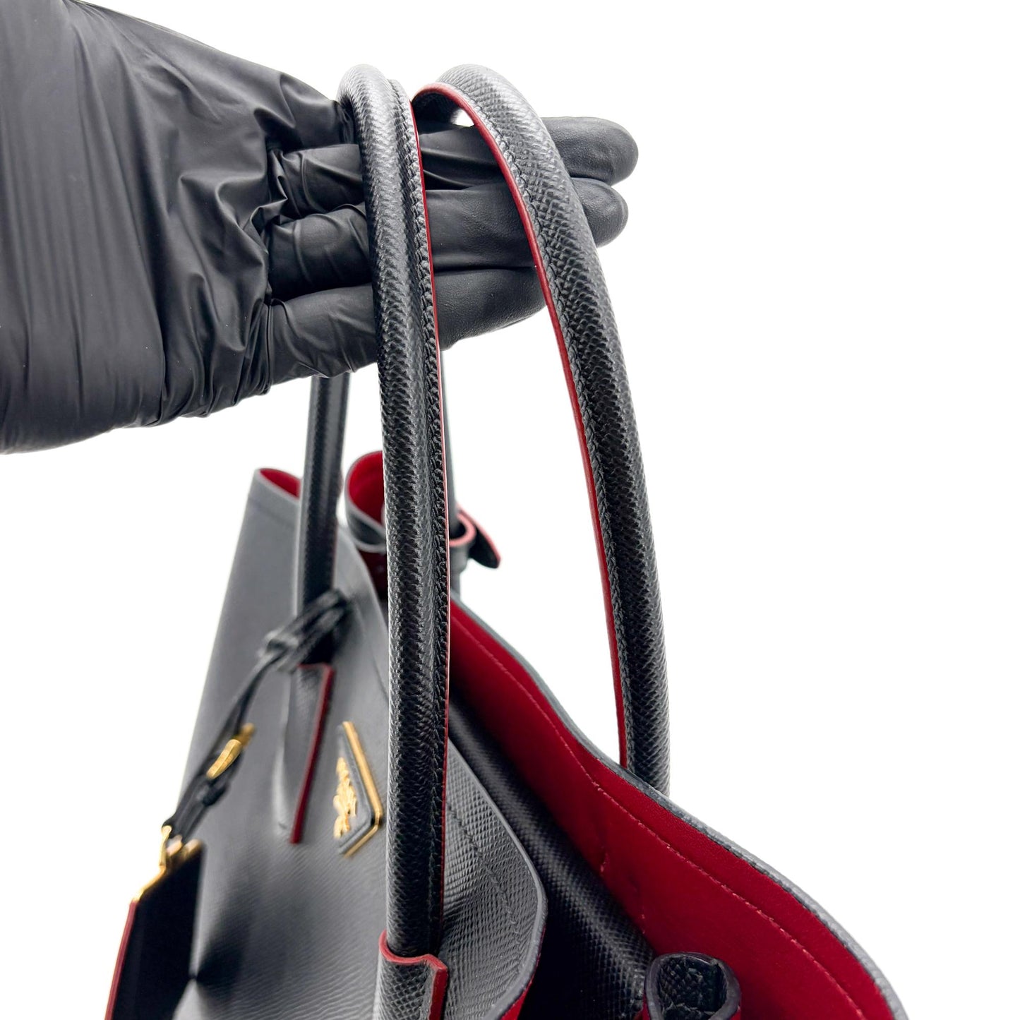 Prada Saffiano Cuir Medium Double Bag Black Red