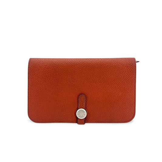 Portefeuille Hermès Dogon Duo Cuir Marron Finitions Argentées