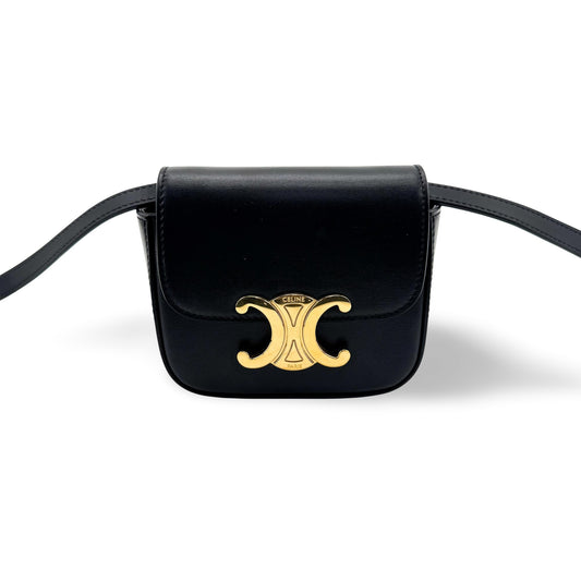 Celine Shiny Calfskin Mini Triomphe Crossbody Bag Black Gold Hardware