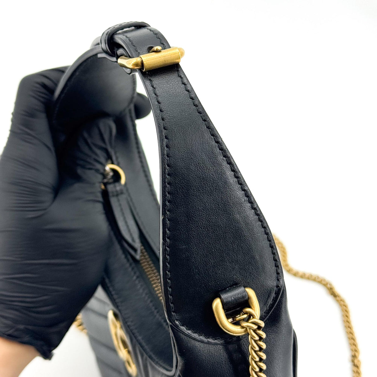 Gucci GG Marmont Matelassé Mini Half Moon Crossbody Bag Black with Gold Hardware