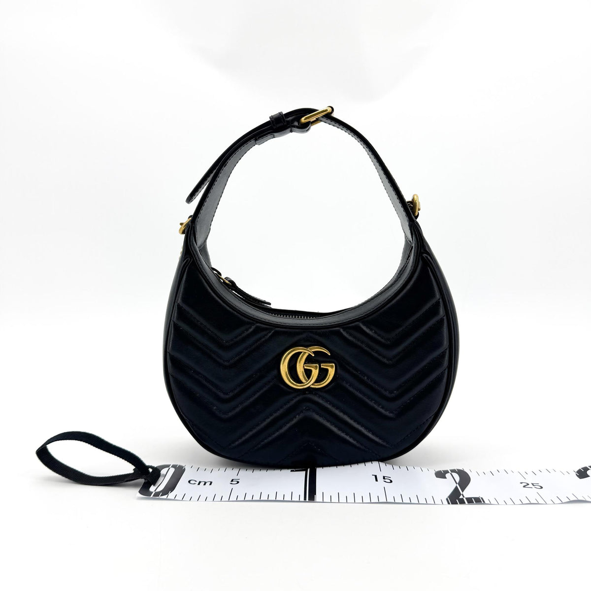 Gucci GG Marmont Matelassé Mini Half Moon Crossbody Bag Black with Gold Hardware