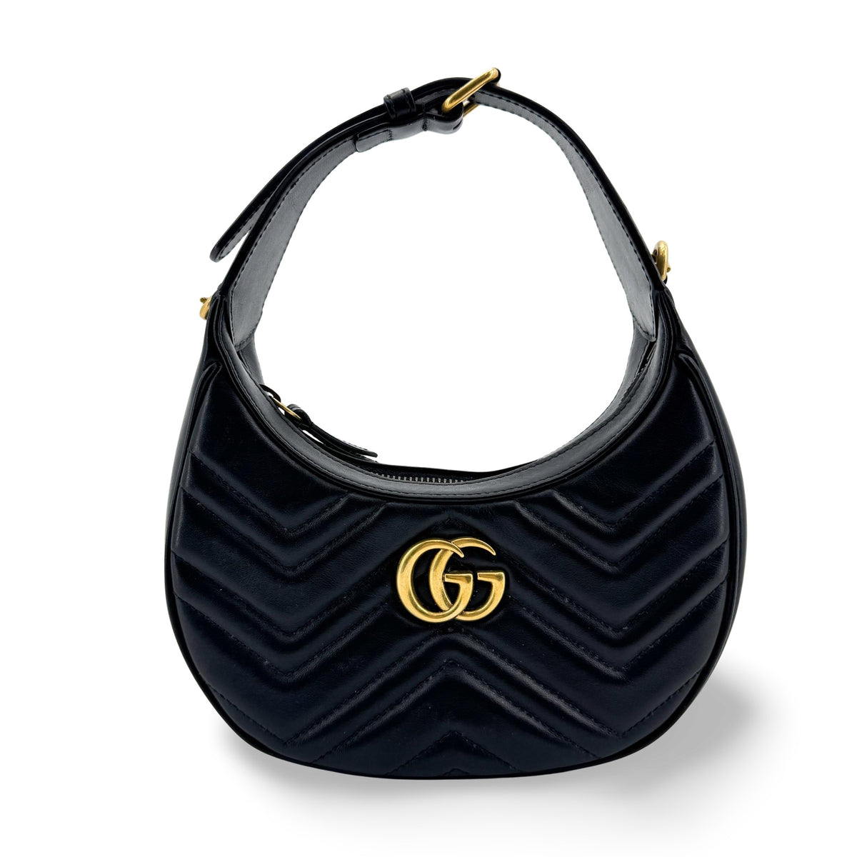 Gucci GG Marmont Matelassé Mini Half Moon Crossbody Bag Black with Gold Hardware