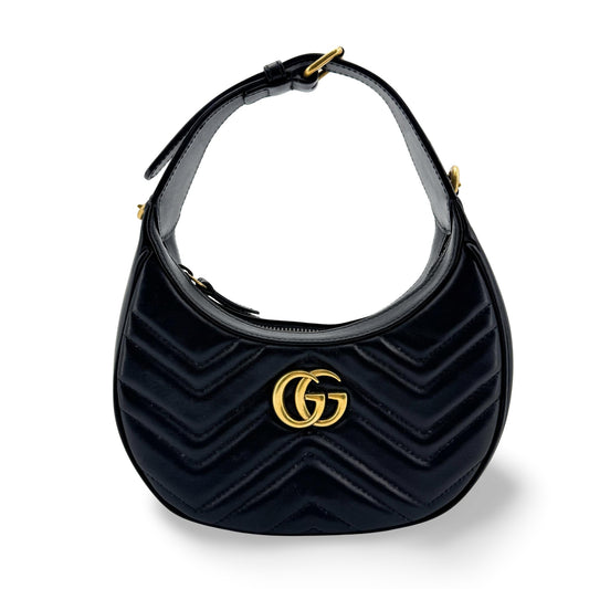 Gucci GG Marmont Matelassé Mini Half Moon Crossbody Bag Black with Gold Hardware