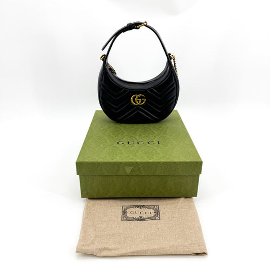 Gucci GG Marmont Matelassé Mini Half Moon Crossbody Bag Black with Gold Hardware
