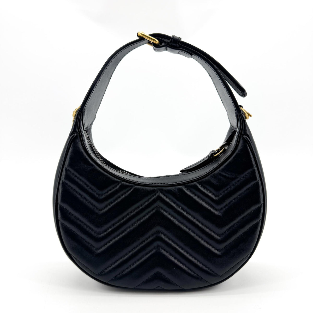 Gucci GG Marmont Matelassé Mini Half Moon Crossbody Bag Black with Gold Hardware
