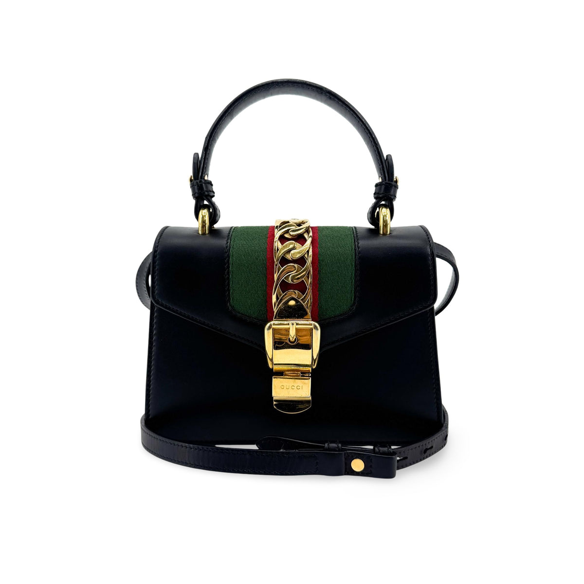 Gucci Sylvie Mini Top Handle Crossbody Bag Black Gold Hardware