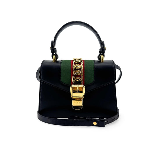 Gucci Sylvie Mini Top Handle Crossbody Bag Black Gold Hardware