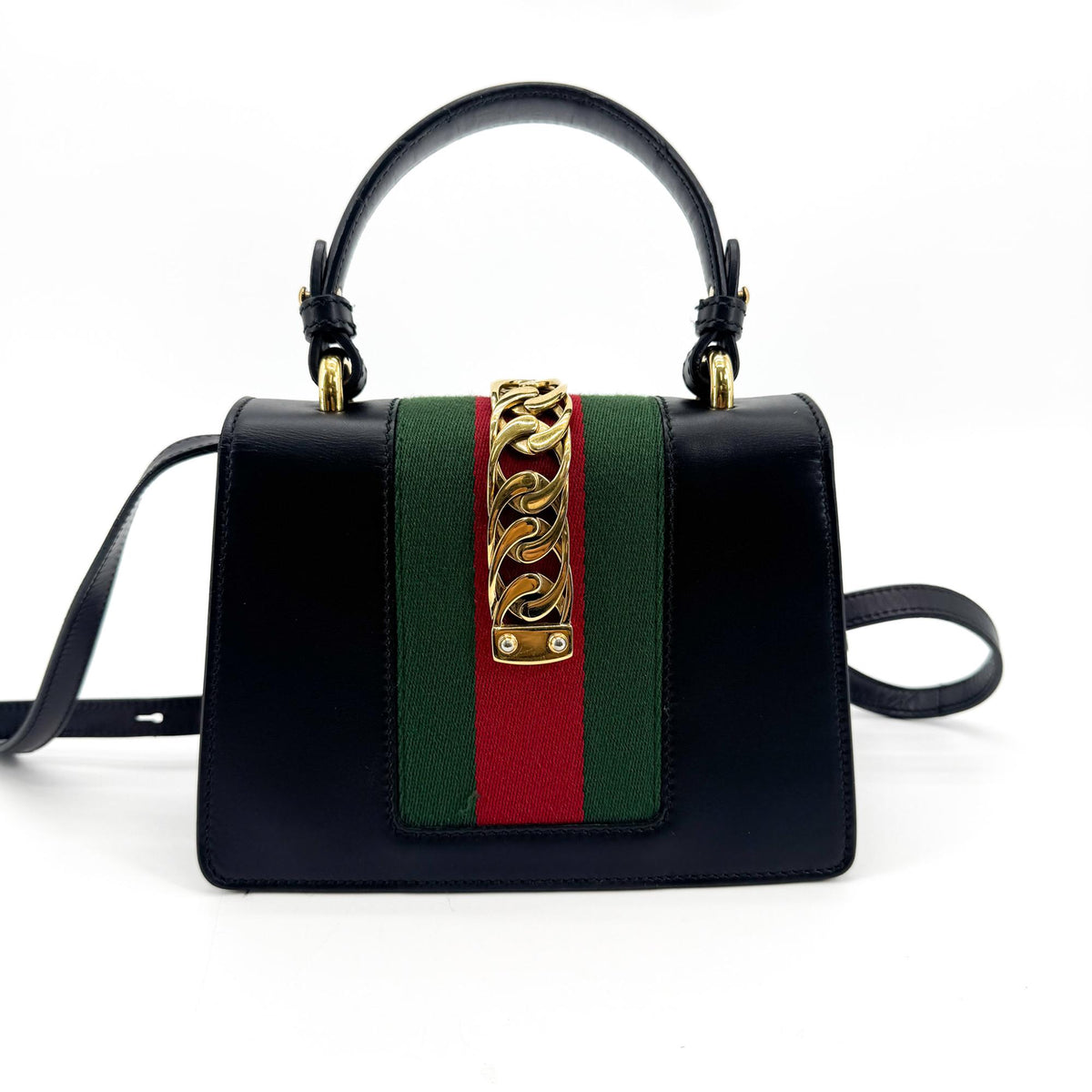 Gucci Sylvie Mini Top Handle Crossbody Bag Black Gold Hardware