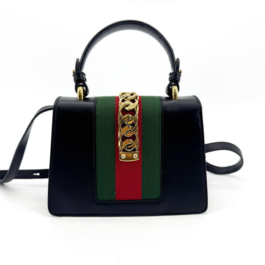 Gucci Sylvie Mini Top Handle Crossbody Bag Black Gold Hardware