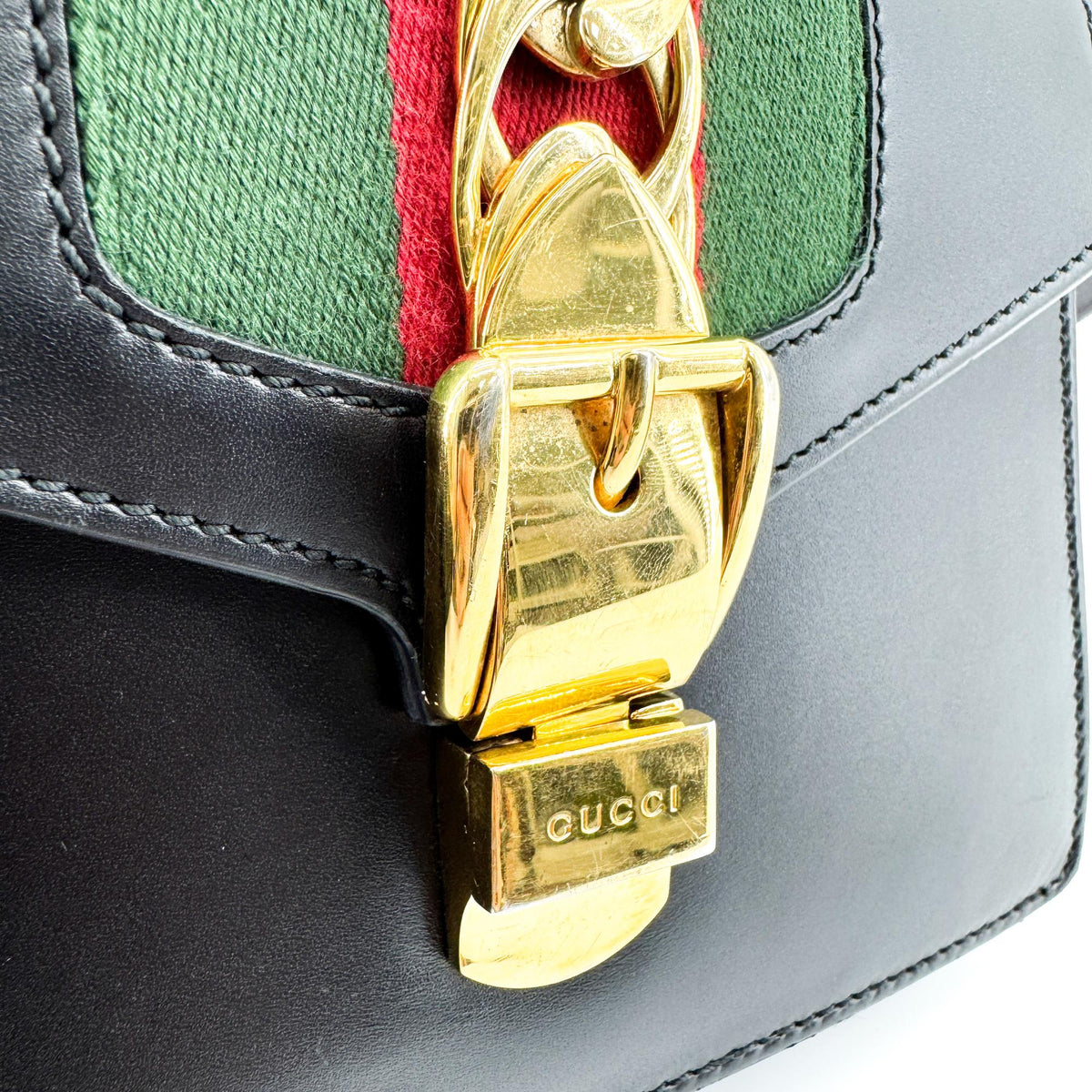 Gucci Sylvie Mini Top Handle Crossbody Bag Black Gold Hardware