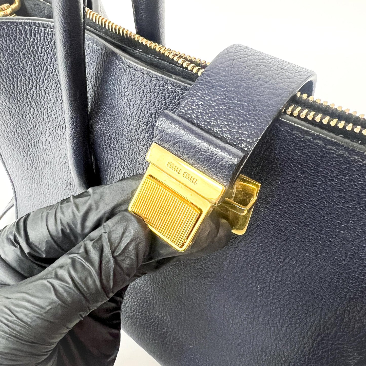 Miu Miu Madras Leather Top Handle Bag Navy