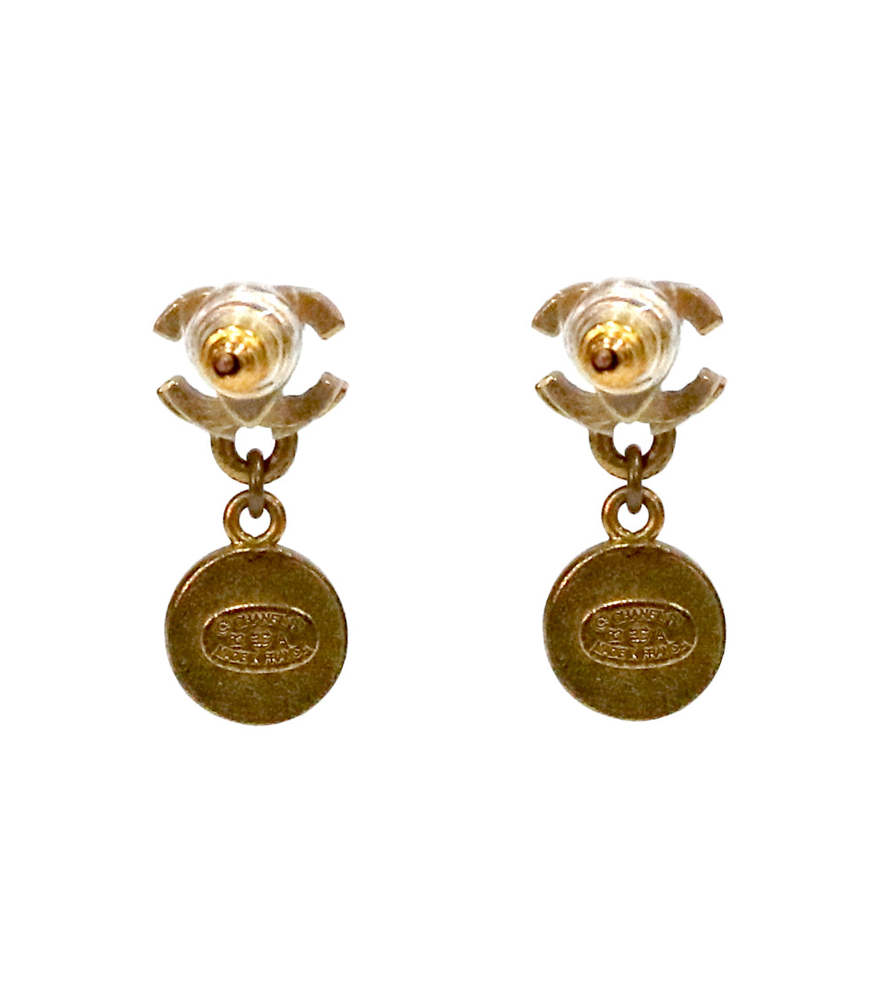 Chanel Black CC Button Gold Earrings