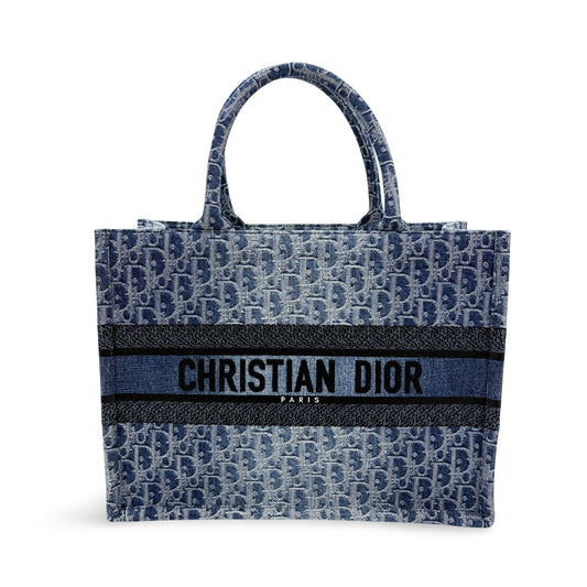 Dior Medium Book Tote in Blue with Oblique Embroidery
