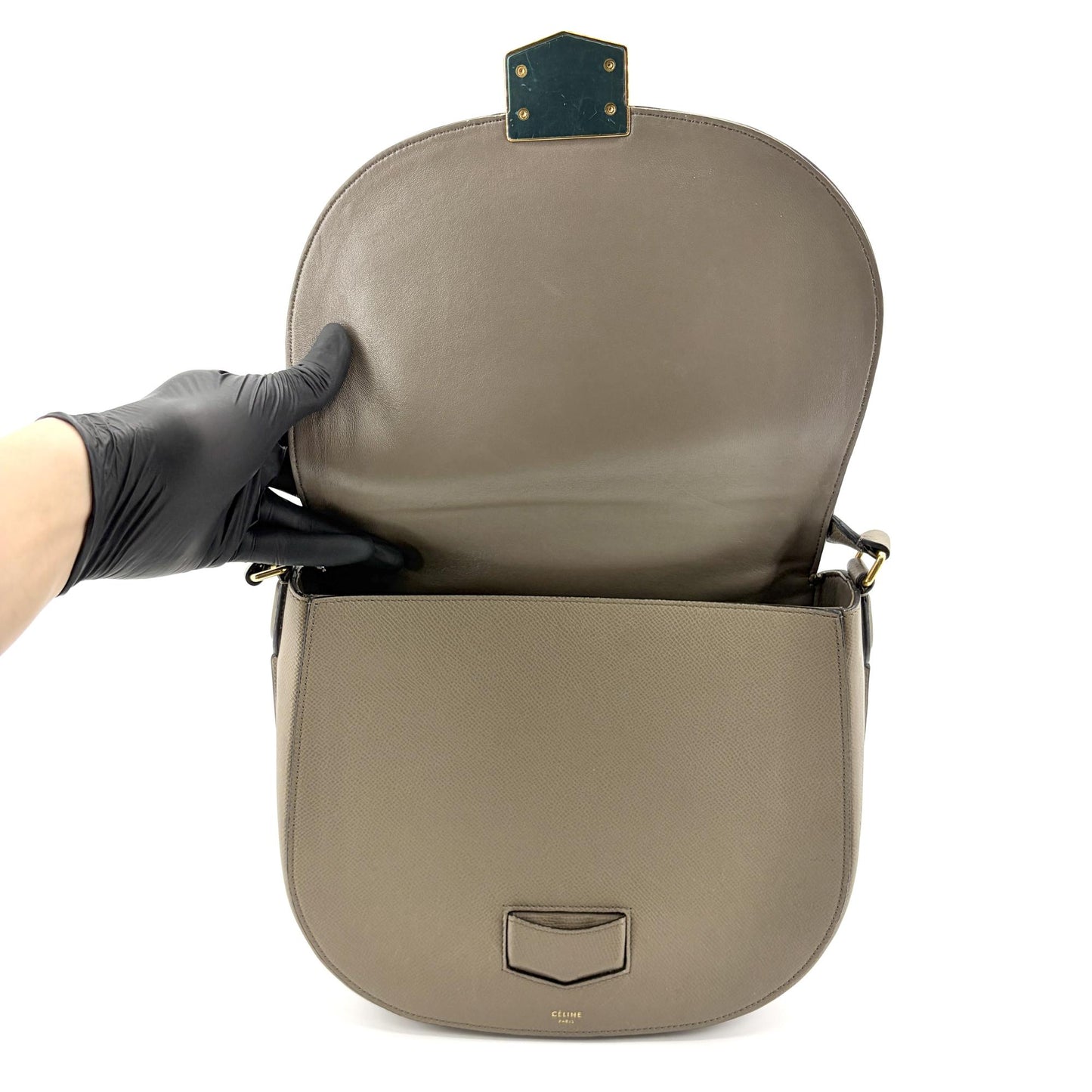 Celine Medium Trotter Shoulder Bag Grained Calfskin Taupe