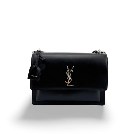 Saint Laurent Medium Sunset Crossbody Bag Black with Silver Hardware