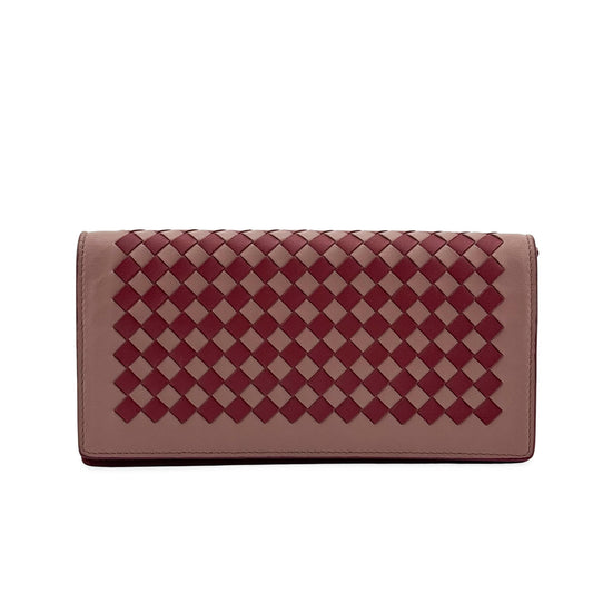 Bottega Veneta Intrecciato Two-Tone Flap Long Wallet Pink Burgundy