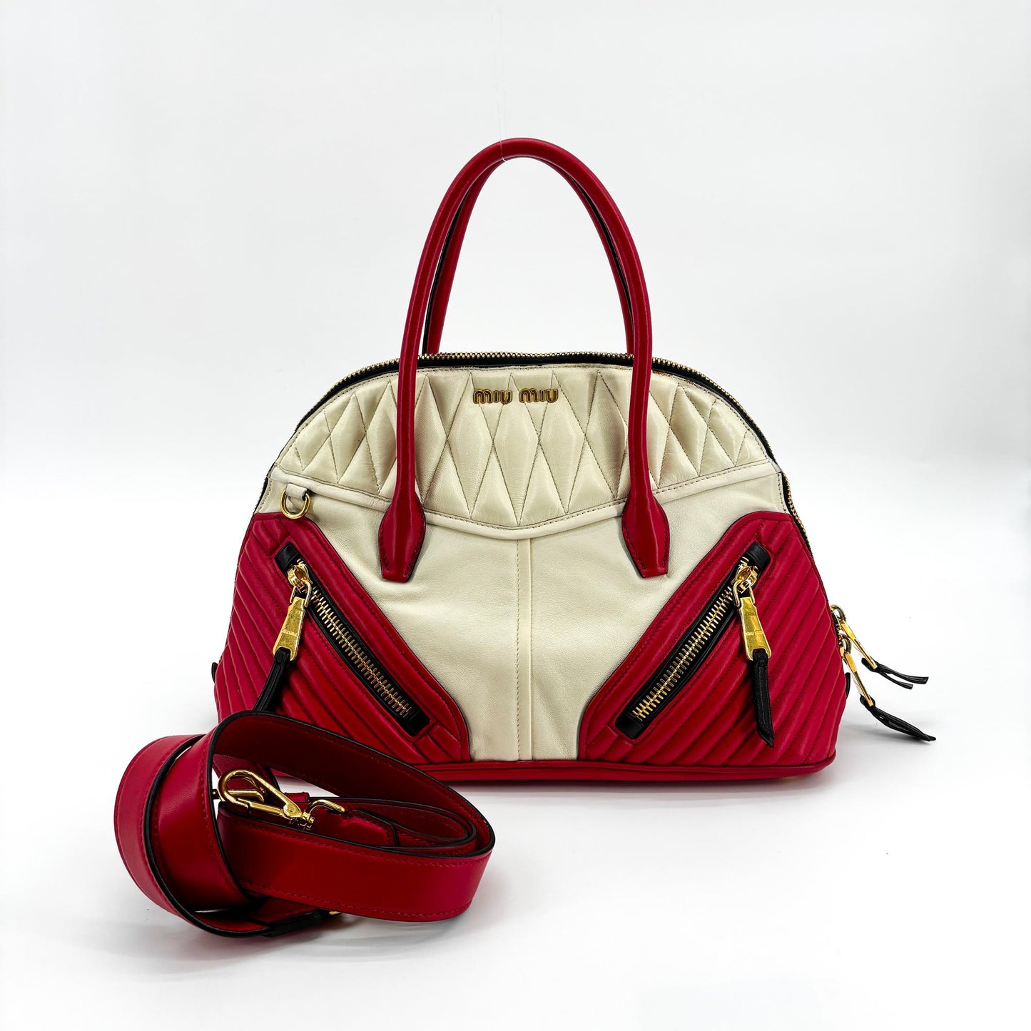 Miu Miu Biker Matelassé Two-Tone Dome Bag Red White