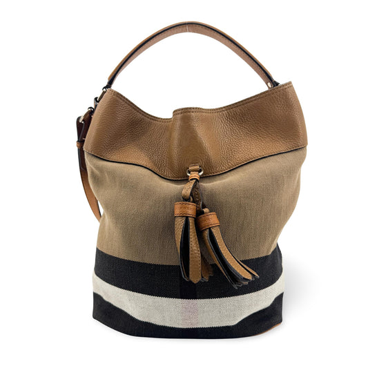 Burberry Ashby Canvas Tassel Bucket Bag Brown