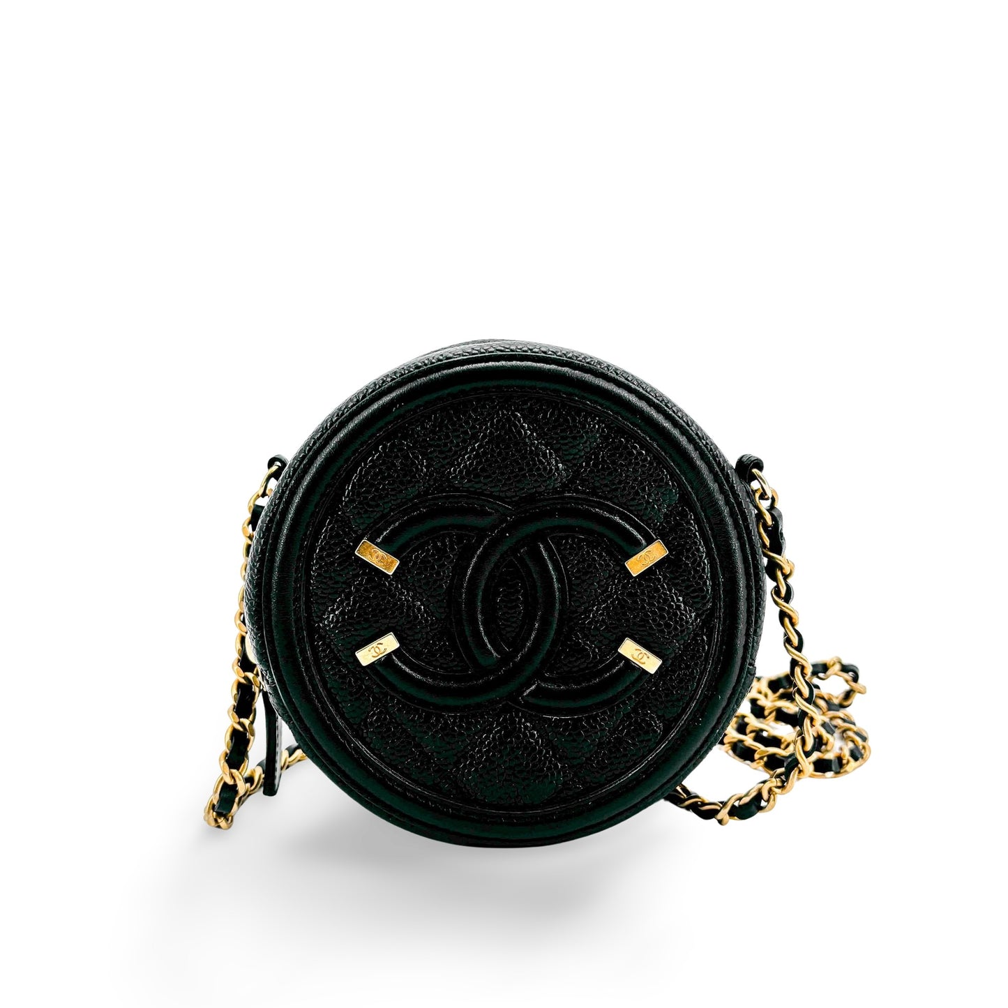 Chanel CC Filigree Round Chain Bag Black Caviar Gold Hardware