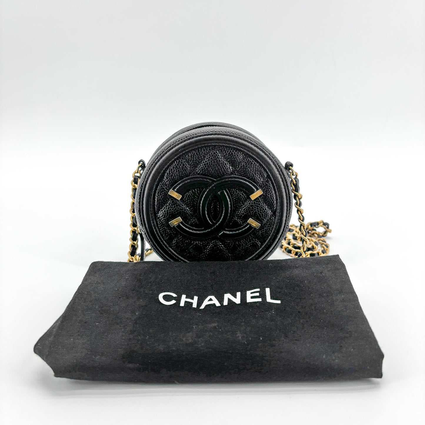 Chanel CC Filigree Round Chain Bag Black Caviar Gold Hardware