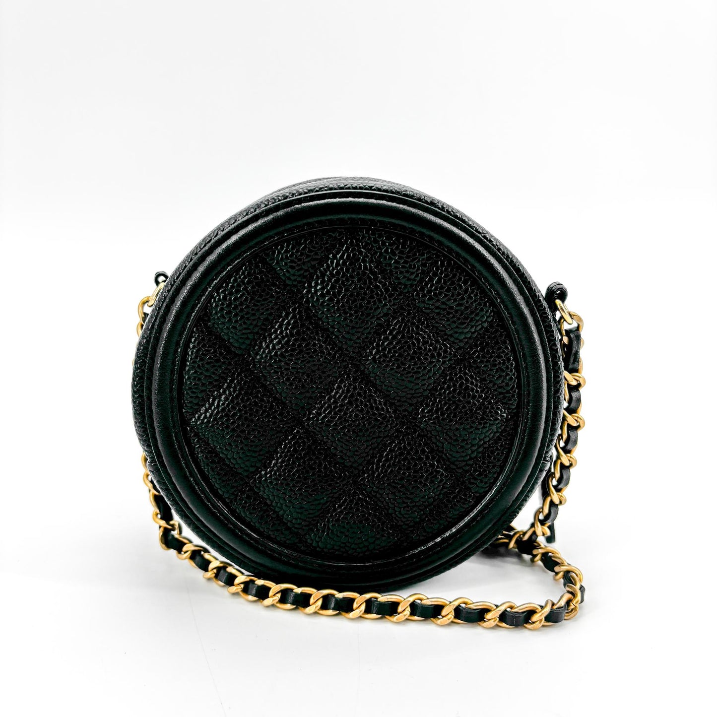 Chanel CC Filigree Round Chain Bag Black Caviar Gold Hardware