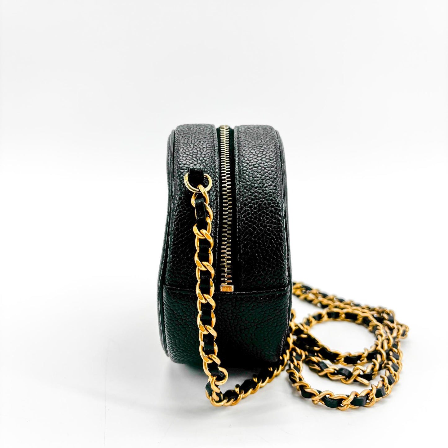Chanel CC Filigree Round Chain Bag Black Caviar Gold Hardware