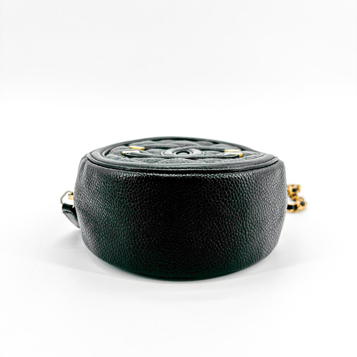 Chanel CC Filigree Round Chain Bag Black Caviar Gold Hardware