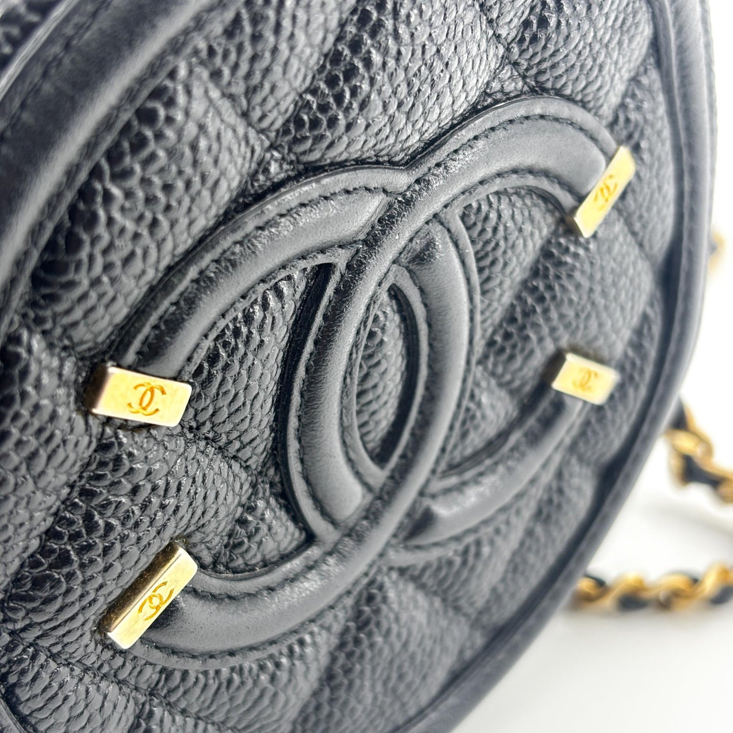 Chanel CC Filigree Round Chain Bag Black Caviar Gold Hardware