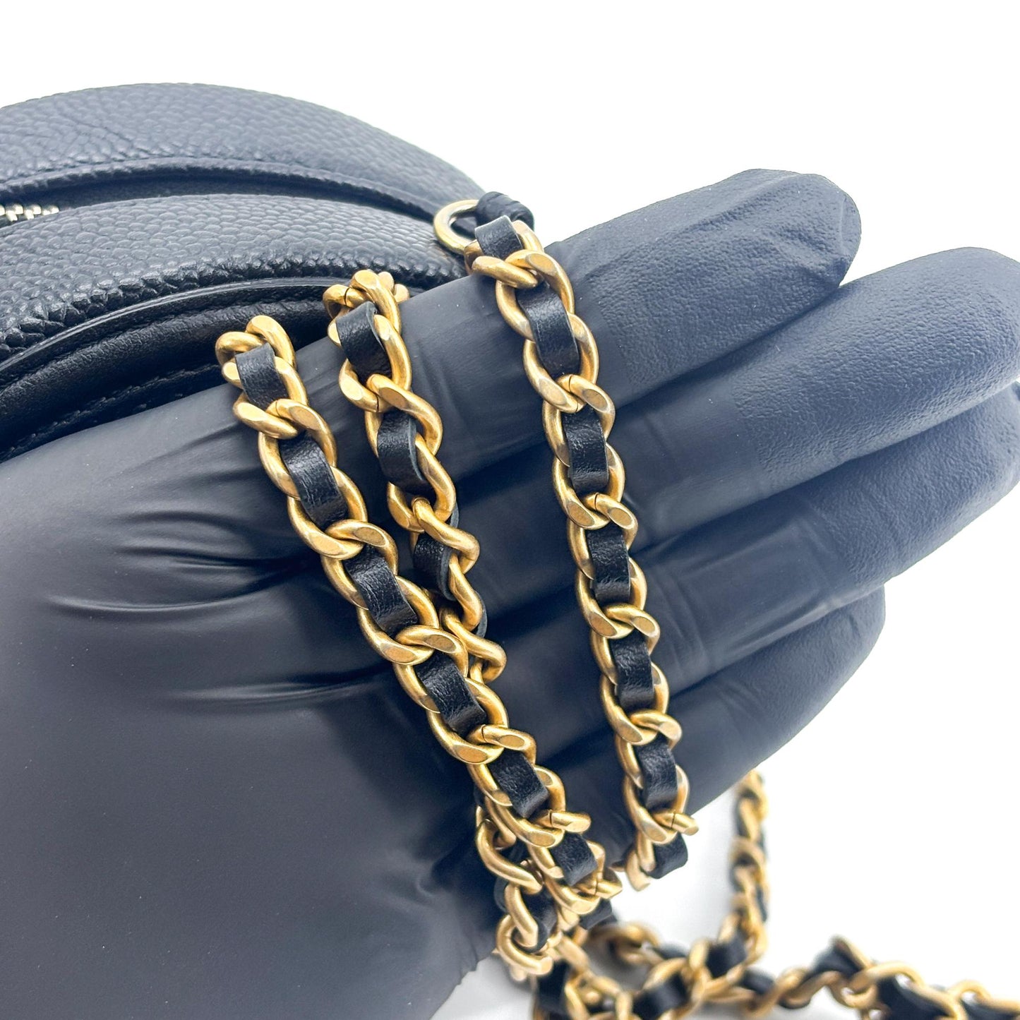 Chanel CC Filigree Round Chain Bag Black Caviar Gold Hardware