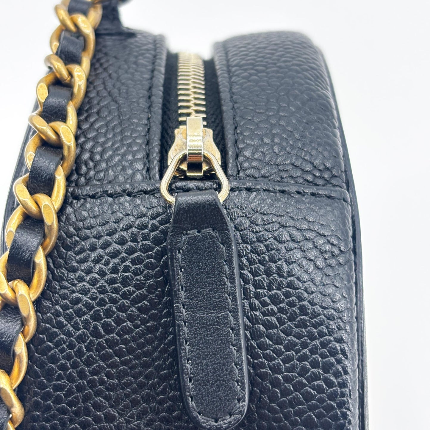 Chanel CC Filigree Round Chain Bag Black Caviar Gold Hardware