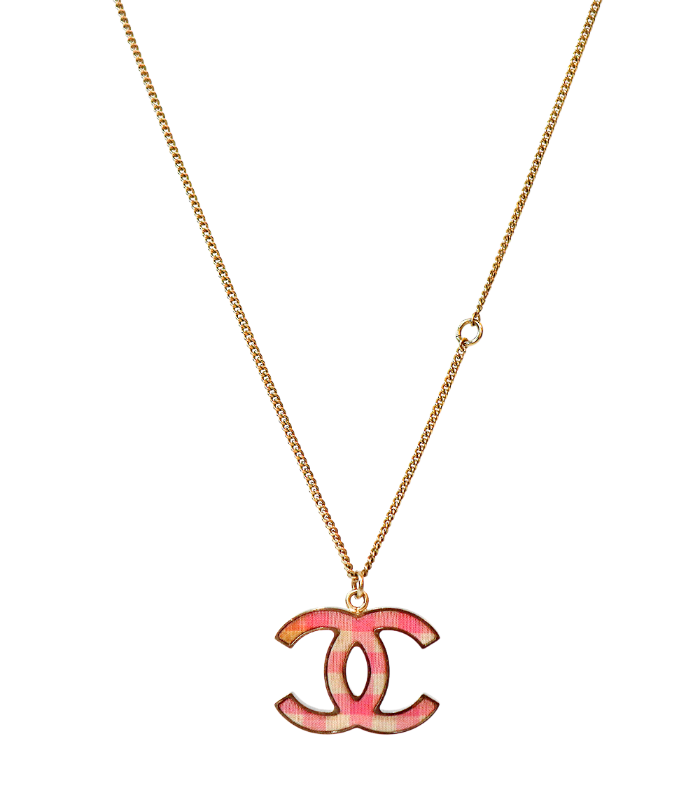 Chanel Pink Check CC Gold Necklace