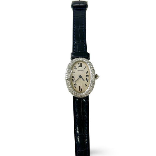 Cartier Baignoire SM White Gold Diamond Bezel Blue Alligator W1506056