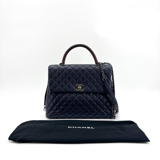 Chanel Coco Handle Medium Navy Caviar Lizard Handle Silver Hardware