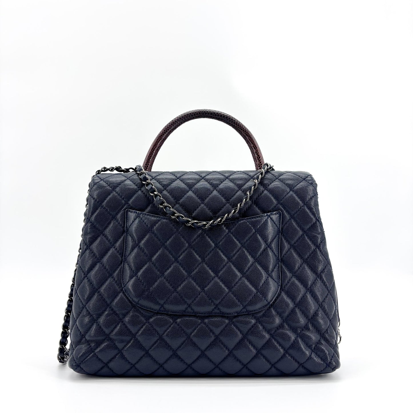Chanel Coco Handle Moyen Marine Caviar Poignée Lézard Métal Argenté