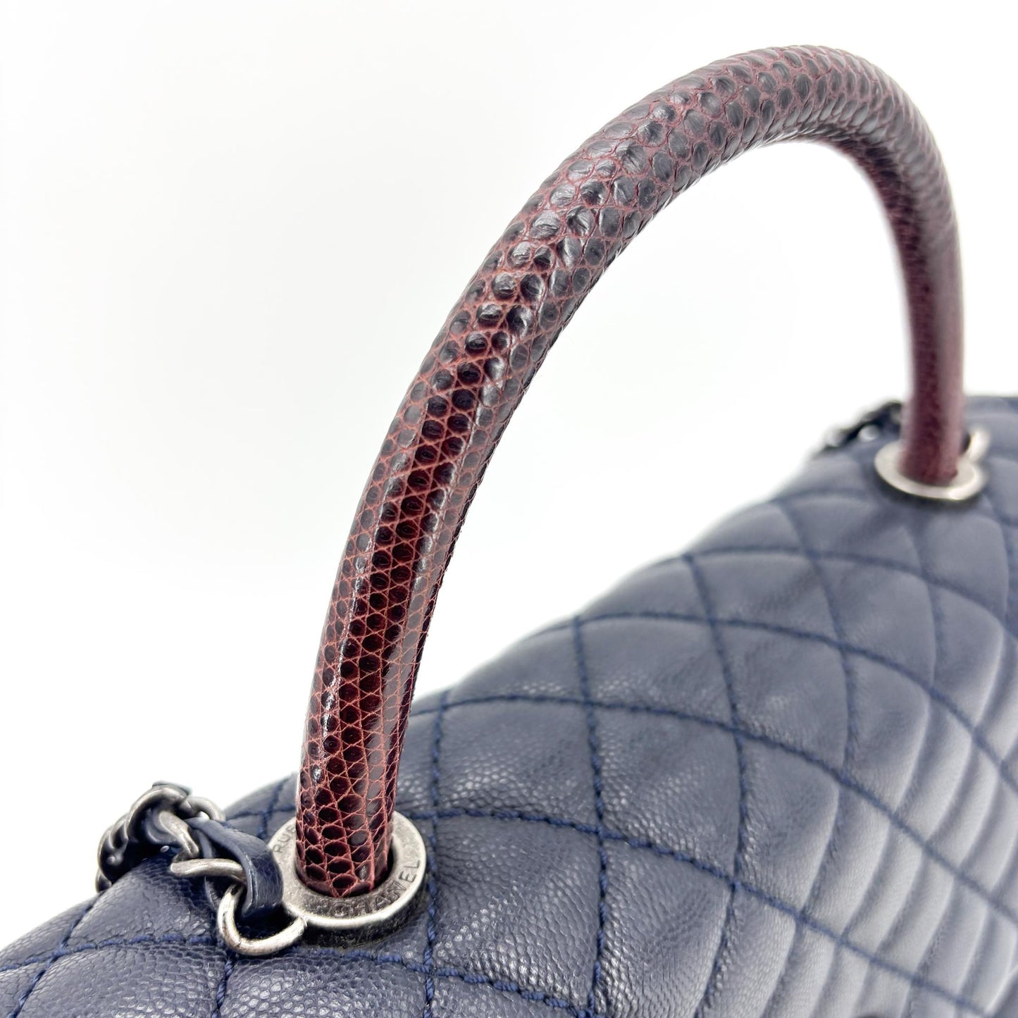 Chanel Coco Handle Moyen Marine Caviar Poignée Lézard Métal Argenté